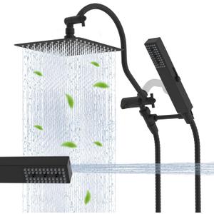 Hibbent All Metal cUPC Certified Shower Head, 10'' High Pressure Rainfall Showerhead Combo, Handheld Shower Wand, 12'' Adjustable Extension Arm, 4-Spray, 71'' Hose, Brass Shower Holder, Matte Black