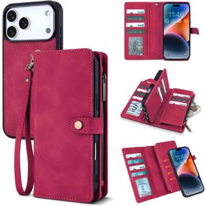 TwoHead Wallet Case Compatible with iPhone 17 Pro Max, Detachable,Magnetic,11 Cards Holder, PU Leather All-Round Protective Phone Case with Change Pocket(6.9 in Red)