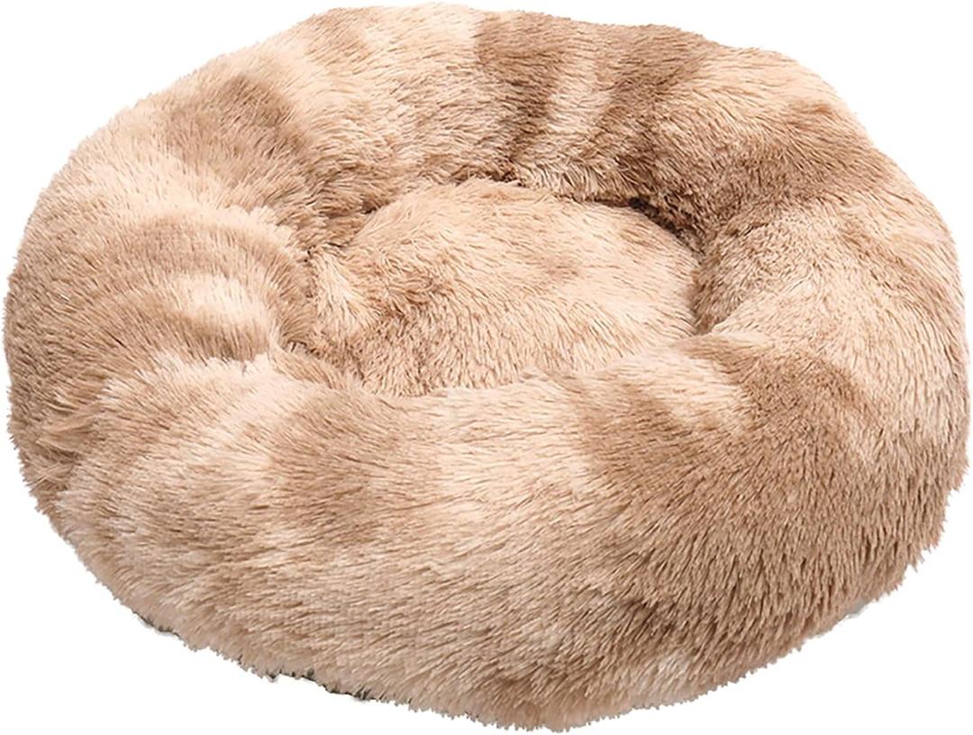 Faux Fur Dog Beds Calming Donut Cuddler Dog Bed Washable Round Cat Bed Pillow Cuddler Fluffy Indoor Dog Calming Beds with Anti Slip Bottom Gradient Color Brown 24"