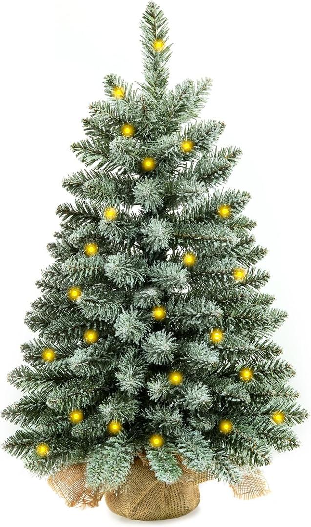 2 Ft Mini Christmas Trees with 25 F5 LED Lights, 24" Decorated Burlap Artificial Tabletop Christmas Trees Home Party Decoration for Kitchen Dining Room Window (Green White)