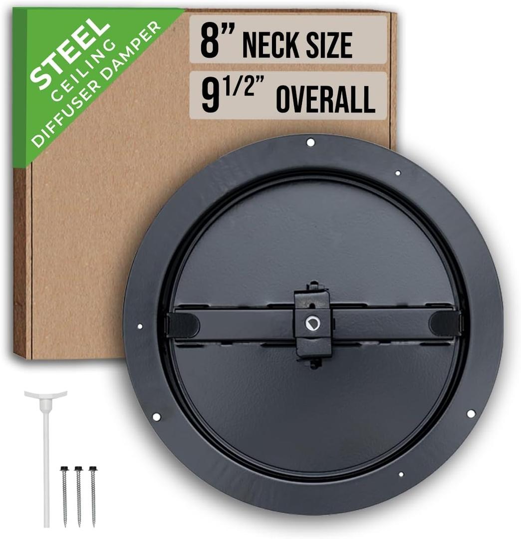 Fits 8 Inch Neck Air Duct | Steel Butterfly Damper by Handua | for Round Ceiling Air Supply Diffuser with Plastic Key-Handle | Black | Outer Dimension: 9-1/2"