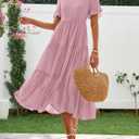 BTFBM Summer Dresses for Women 2025 Vacation V Neck Loose Short Sleeve A Line Tiered Flowy Casual Midi Beach Dress (Pink, S)