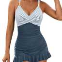 Blooming Jelly Women One Piece Swimsuits Swim Dress Tummy Control Bathing Suits V Neck Ruffle Skirt Swimwear (Blue, XL)