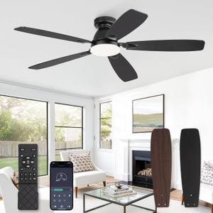 52 Inch Ceiling Fans with Lights and Remote Control,Modern Flush Mount Ceiling Fan with 3CCT Dimmable,Low Profile Ceiling Fans with 6-Speeds Reversible DC Motor for Bedroom Living Room(Black)