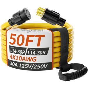 PlugSaf 50FT 30 Amp Generator Extension Cord 4 Prong, NEMA L14-30P/L14-30R 10 Gauge STW 125/250V Twist Lock Generator Cord Heavy Duty, Yellow ETL Listed