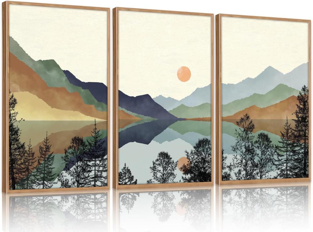 CHDITB Mountain Sun Forest Framed Art Prints(Set of 3, 16x24), Boho Watercolor Nature Landscape Canvas Artwork Painting, Abstract Foggy National Park Scenery Poster Decor for Living Room Bedroom