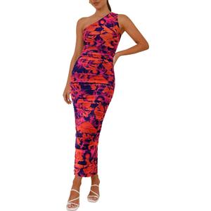 PRETTYGARDEN Women's One Shoulder Bodycon Dresses Summer 2025 Ruched Floral Beach Cocktail Wedding Guest Dress (Purple Orange)