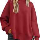 LILLUSORY Women's Oversized Batwing Sweaters 2026 Fall Outfits Trendy Crewneck Knit Side Slit Fashion Pullover Tops (Large, Red)
