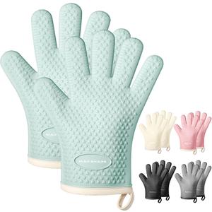 MAD SHARK Silicone Oven Mitts Heat Resistant 450 Degrees,Waterproof & Non-Slip Oven Gloves with Fingers,Cotton Lined Silicone Oven Gloves Kitchen Mitts for Baking Cooking Barbecue,Women (Green) (Green)