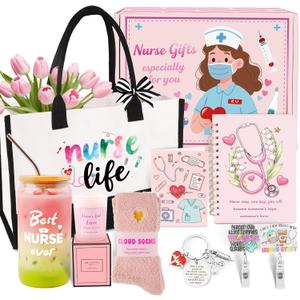 Nurse Gifts for Women, RN Nurse Practitioner Gift Baskets for Christmas Birthday Nurses Week Graduation | Bulk Appreciation Stuff with Canvas Tote Bag, Notebook, 16 Oz Glass Bottle, Badge Reel
