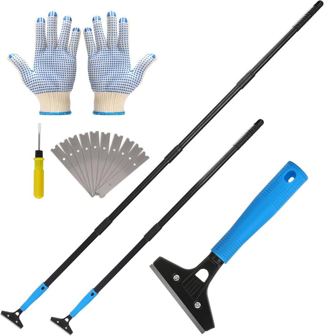 Floor Scraper Tool Long Handle Heavy Duty, 8-72" Adjustable Razor Blade Scraper for Tile, Paint & Glue Removal, 4" Wide Blade with 10 Replacements, Safe for Floors, Walls, Glass & Stove Tops (2-Pack)
