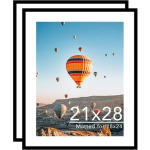 JCJMY 21x28 Picture Frame with 18x24 Mat Set of 2, Display Photo 18x24 with Mat or 21 x 28 Without Mat, Wall Hanging Large 21 by 28 Poster Frame with Plexiglass, 2 Pack, Black