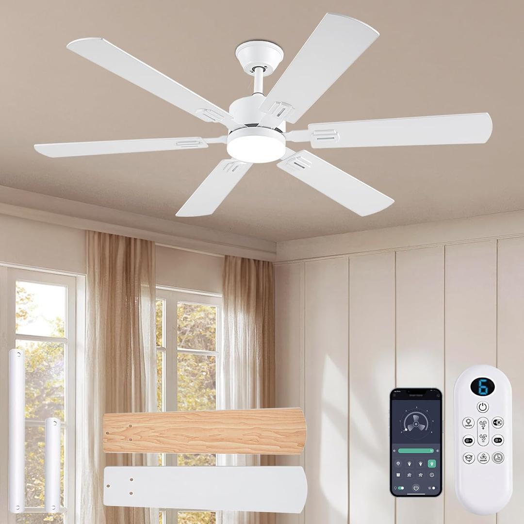 56inch Modern White Ceiling Fans with Lights and Remote/App Control, Dimmable LED, Reversible DC Motor, Noiseless, 6 Double-side Blade Low Profile Ceiling Fan for Livingroom Indoor/Outdoor Use