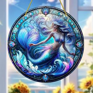 Blue Mermaid Stained Glass Window Hangings with Chain  Acrylic Mermaid Ornament for Garden, Patio and Indoor Decor, Housewarming Gift for Mom, Grandma and Marine Life Lovers