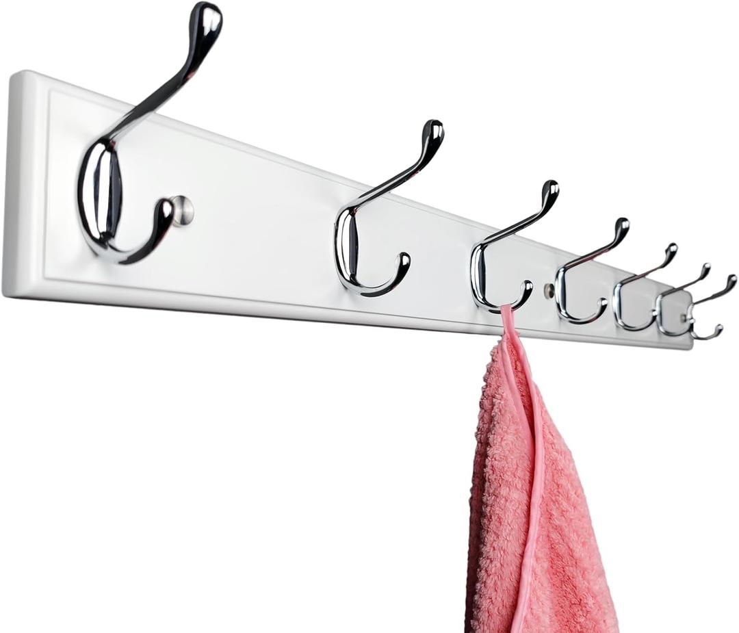 Wooden Wall Mounted Coat Rack 35 Inch, White with 7 Silver Hooks for Entryway, Hallway, Bedroom