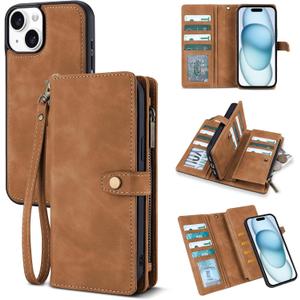 TwoHead Wallet Case Compatible with iPhone 15,Detachable Magnetic Phone Case,All-Round Protective Leather Phone Case with Card Holder,6.1 in,Brown