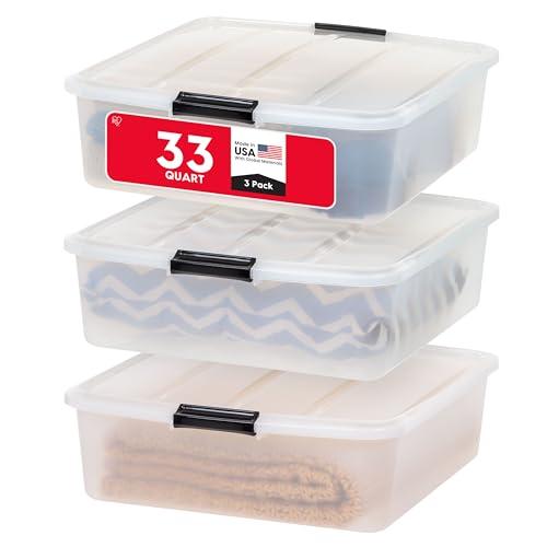IRIS USA 33 Qt Plastic Under Bed Storage Organizer Bin Container with Secure Lids and Durable Black Buckles, 3-Pack, Multi-Purpose for Clothes Shoes Clothing Bedding, Short, Clear