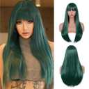 Green Wig with Bangs for Women  Long Straight Heat Resistant Synthetic Wig for Daily Use, Party, Halloween, Cosplay  24 Inch Green Wigs for Girls