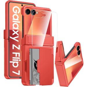 GooseBox for Samsung Galaxy Z Flip 7 Case Wallet RFID Card Holder&Hinge Protection&HD Screen Protector, Full Body Shockproof Cover for Galaxy Z Flip 7(Coral Red)