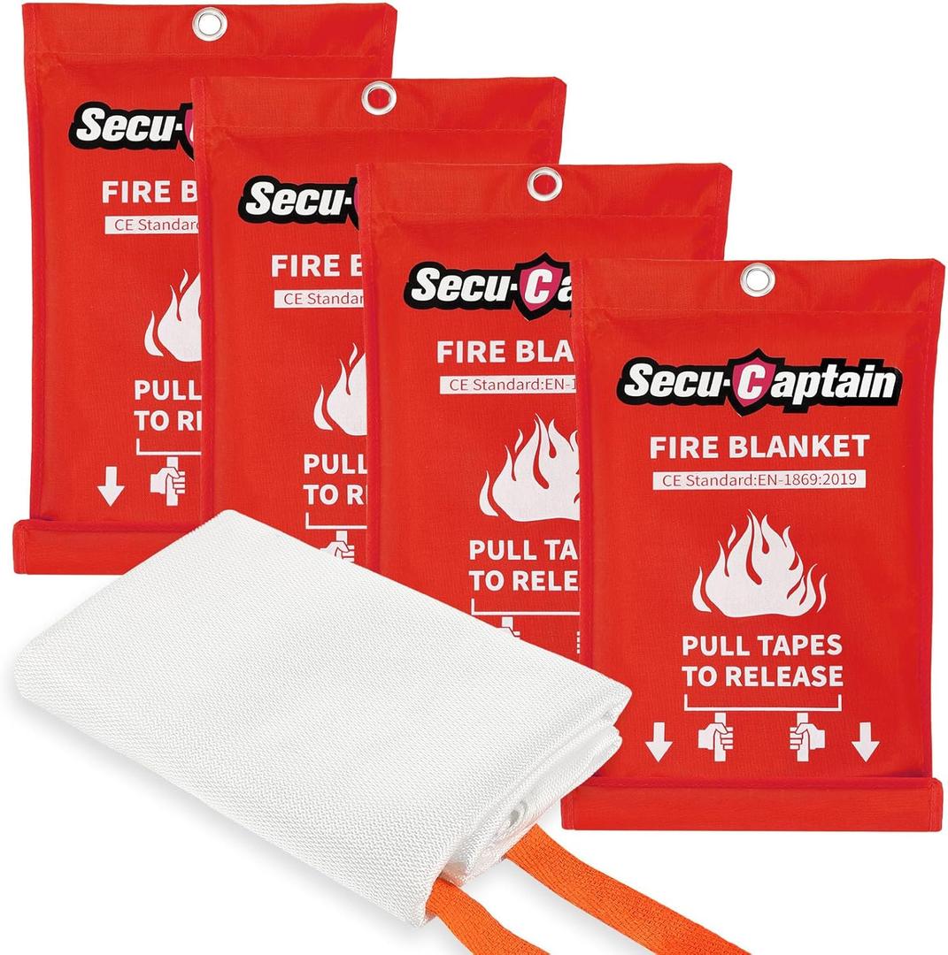SecuCaptain Emergency Fire Blanket for Home and Kitchen - 4 Pack 40"x40" Flame Suppression Fiberglass Fire Blankets for House Camping Car Office Warehouse Survival Safety