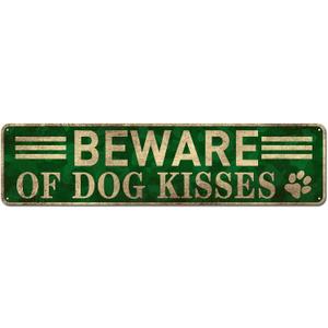 Gifts Dog Sign - Beware of Dog Kisses, Funny Tin Sign with Vintage Pet Quotes for Home Office Dcor, 4" x 16"