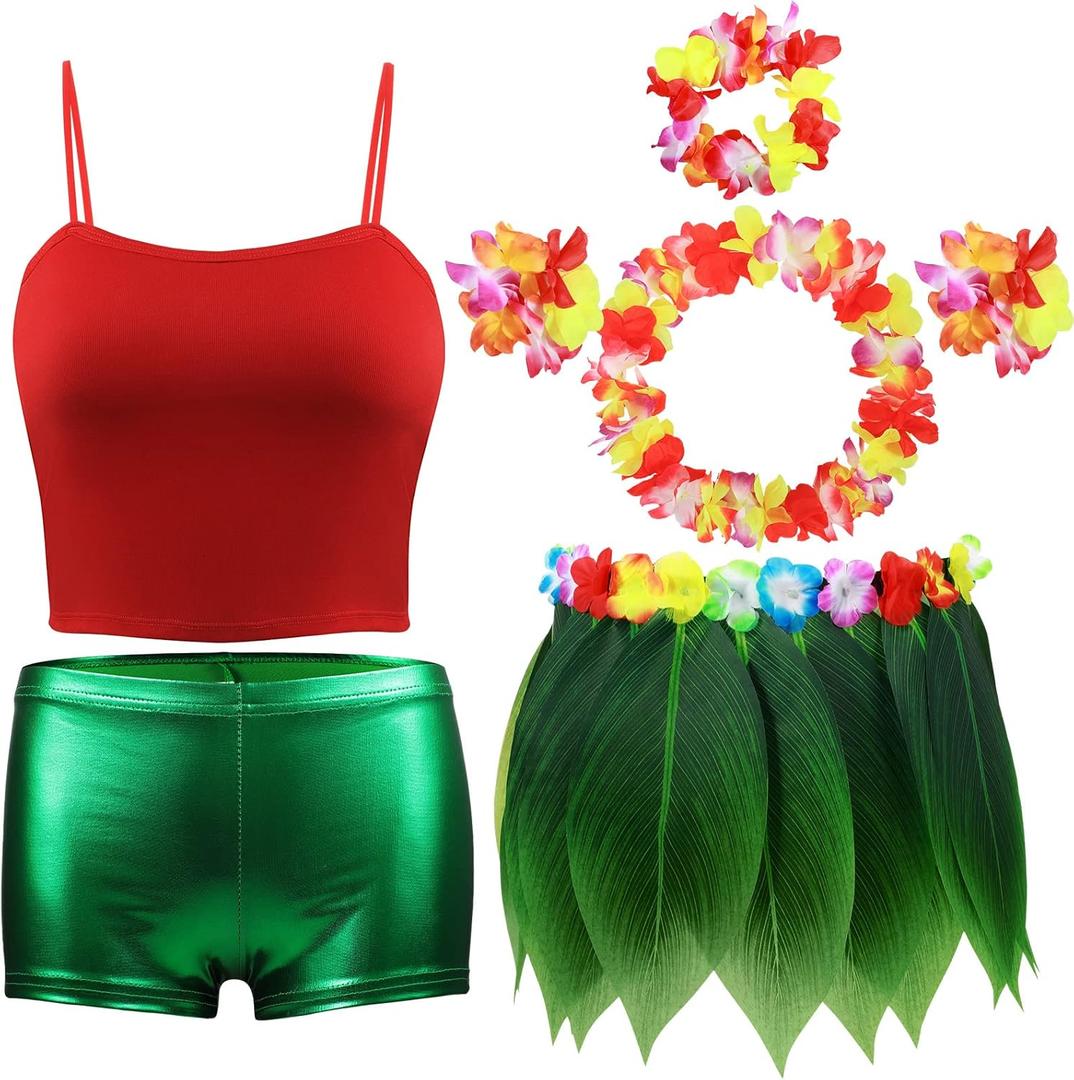 Shihanee 7 Pcs Leaf Hula Skirt and Hawaiian Leis Set Hibiscus Flowers Necklace Bracelet Headband Vest Shorts Hawaiian Costumes Party (Women, Large)
