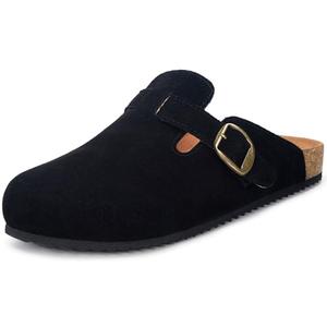 Genuine Suede Leather Clogs for Women's Men's Slip on Mules Antislip Cork Sandals Shoes with Buckle Arch Support Black 44