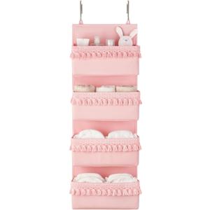 Dahey Over The Door Organizer Boho Nursery Storage Decor Closet Hanging Organizer with Tassels Decoration for Bedroom Nursery Bathroom Apartments Dorm Pantry, 4 Pockets, Pink (Medium)