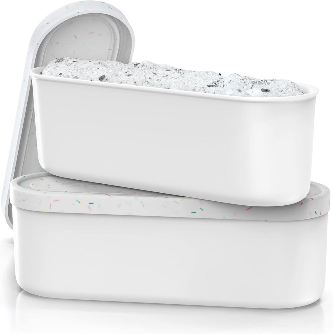 BALCI Ice Cream Containers - 2 Quart Ea. (Set of 2) - Premium Reusable Freezer Storage for Homemade Ice Cream Tub for Sorbet, Frozen Yogurt - Flexible Silicone Lids, Long Scoop - White With Sprinkles