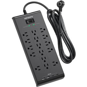 Power Strip 10 Ft, HANYCONY Surge Protector with 16 Outlets 4 USB Ports(2 USB C), Flat Plug Heavy Duty Extension Cord, 2700 Joules, Wall Mount for Home Office, ETL Listed, Black