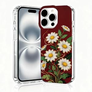 for iPhone 16 Pro Max Case, Floral Clear Cases, Cute Floral Pattern Flower Design, Scratch Resistant Shockproof Cover, Aesthetic Phone Cover, Daisies on Red Background Phone Case（B144）