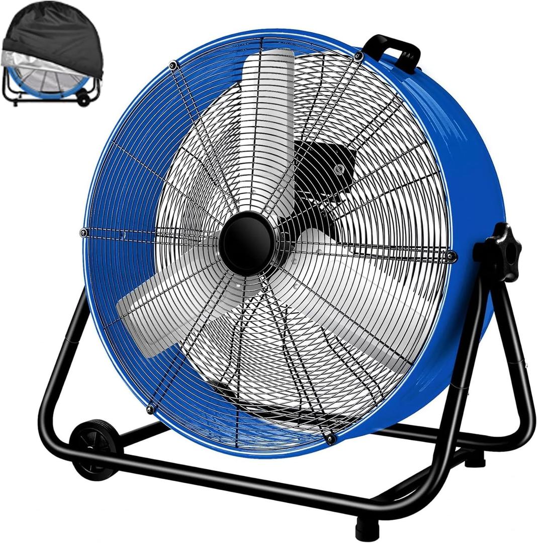 24 Inch High Velocity Heavy Duty Large Industrial Fan, Floor Fan with High Medium and Low 3 Wind Speed Adjustment, Parameters 120V Voltage, 320W Power-Blue with Fan Cover.