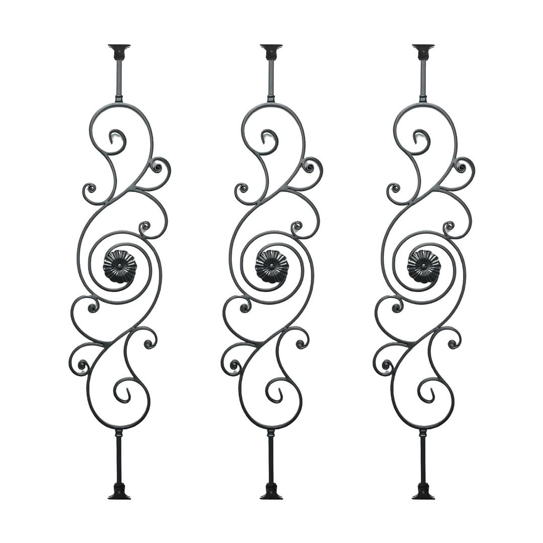 Balusters for Staircase Interior - Stair Railing Spindles, Iron Balusters Banister, Hollow Square, 1/2inch x 44inch, Intricate Flower Iron Balusters and Swivel Shoes (Pack of 3), Satin Black