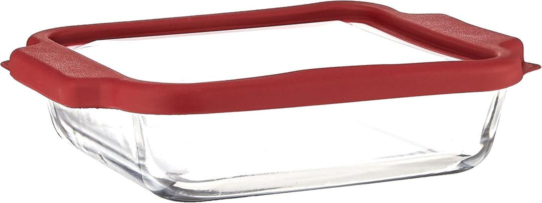 Anchor Hocking Glass Baking Dishes for Oven, 8 Inch Square Glass Cake Pan with TrueFit Cherry Lid (Red)