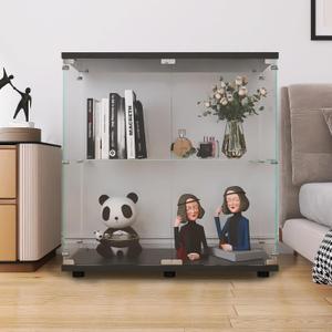 LFT HUIMEI2Y Glass Display Cabinet 2-Shelf with Double Door, Curio Cabinets Fast Installation in 30 Mins, Tempered Glass Floor Standing Bookshelf for Bedroom, Living Room 32.8x 31.7x 14.4 Black
