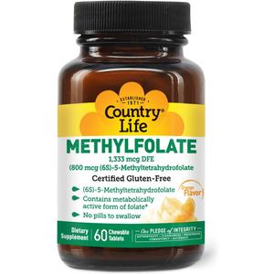 Country Life Methylfolate Chewable Tablets - Metabolically Active Folate - Great Tasting Orange Flavor - Gluten-Free - Smooth Melts - Vegan B12 - Women's Vitamins - Daily Supplement - 60 Tablets, BBD  08/2027