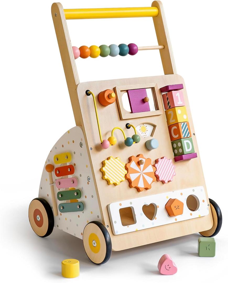 Wooden Baby Walker with Activity Center  Montessori Push Walker Toys for Boys & Girls 18 Months+  Educational Toddler Learning Walker with 10-in-1 Sensory Games