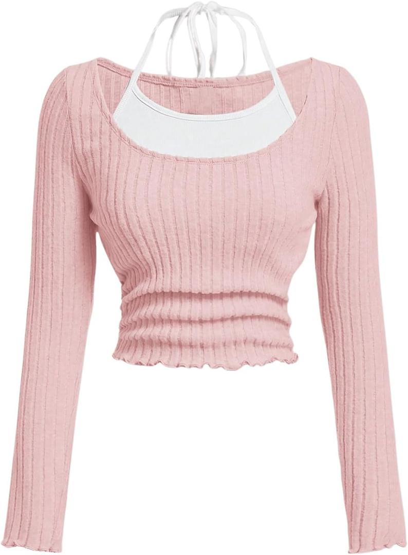 SOLY HUX Girl's Cute Long Sleeve Crop Tops Preppy T Shirts Casual Halter Tops Cute Clothes for Girls Size 8-12 (Pink)