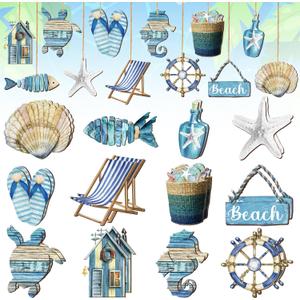 24 Pcs Summer Wooden Ornaments Ocean Beach Tree Decorations Coastal Nautical Navigation Wooden Cutouts Summer Hanging Ornaments Summer Decorations for Home Small Tree Party Office(Seashell)