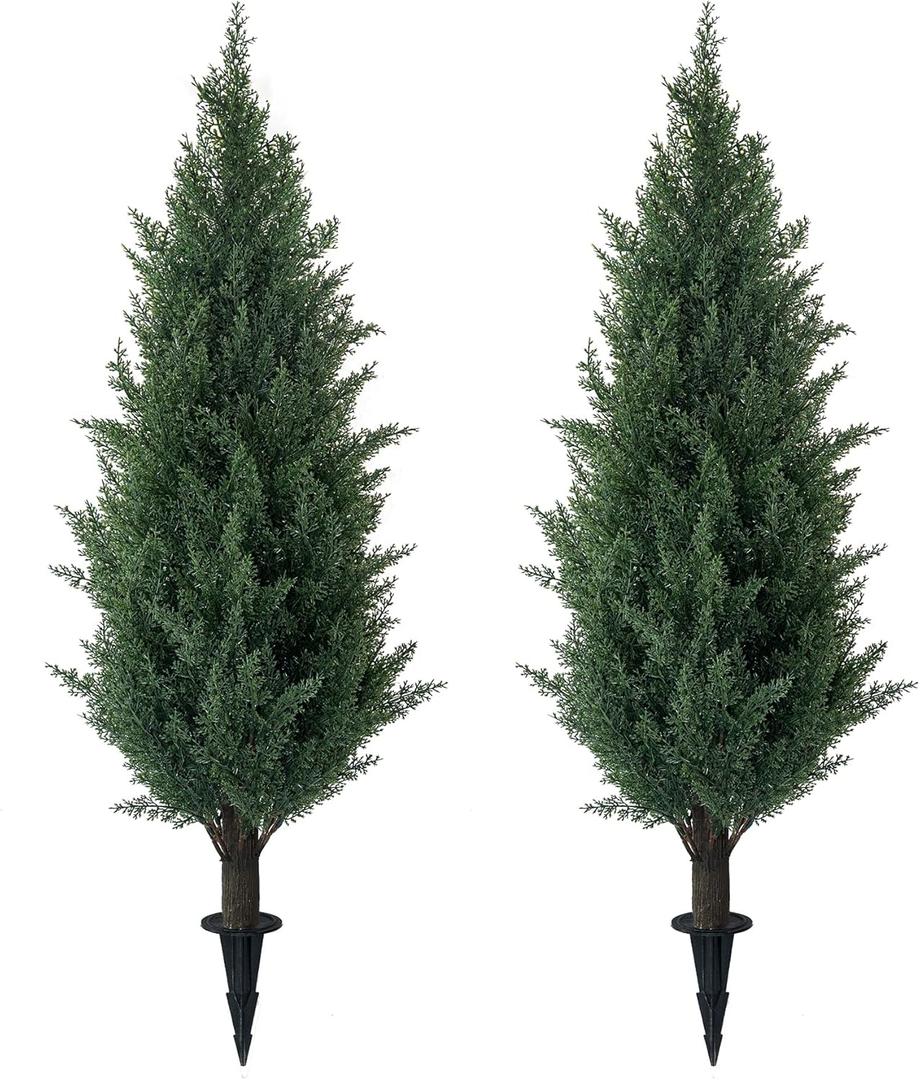 3FT Artificial Cedar Topiary Trees with Ground Spike, UV Resistant Artificial Bushes, Set of 2 Faux Cypress Plants Faux Shrubs for Outdoor Indoor Front Porch Garden (Dark Green)