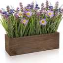 Artificial Lavender Flowers Arrangement in Rectangular Wood Planter Box, 10.6" Fake Potted Lavender Flowers with Daisies, Faux Lavender Plant for Centerpieces, Window Sill, Shelf, Home & Office Decor