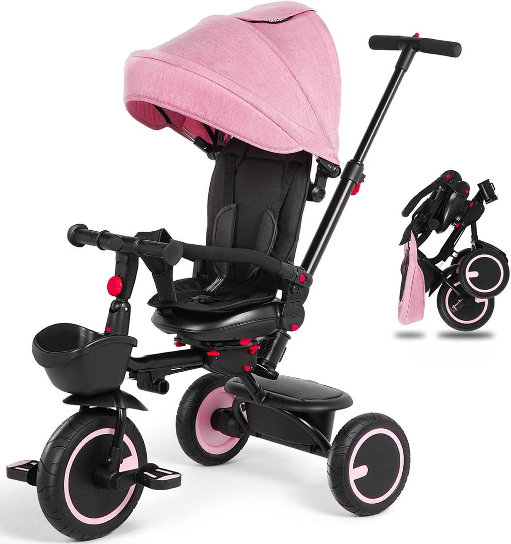 Baby Tricycle, 7-in-1 Folding Kids Trike with Adjustable Push Handle, Removable Canopy, Backrest and Safety Belt, Push Tricycle for Toddlers 10 Months - 5 Years (Pink)