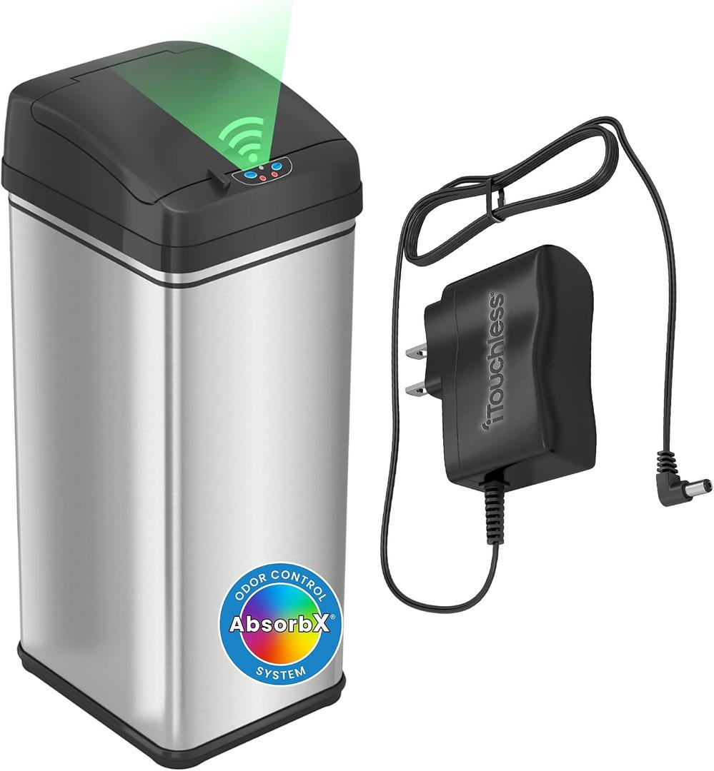iTouchless 13 Gallon Patented Sensor Trash Can with AC Adapter & Odor Filter, Original Inventor 50L Automatic Kitchen Garbage Bin, Fingerprint-Proof Stainless Steel, Pet-Proof Lock, Soft-Close, Silver