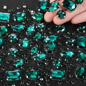 WILLBOND 156 Pcs Sew on Rhinestones Claw Flatback Crystal Rhinestones Metal Prong Setting Gems Acrylic Glass Sewing Gems for Clothes DIY Craft Shoes Dress Jewelry Making (Peacock Green)