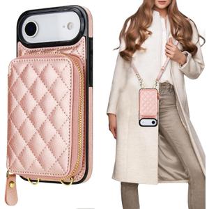 Bocasal Crossbody Wallet Case for iPhone 17 Air, RFID Blocking PU Leather Zipper Handbag Purse Flip Cover, Kickstand Folio Case with Card Slots Holder Wrist Strap Lanyard 5G 6.5 Inch (Rose Gold)