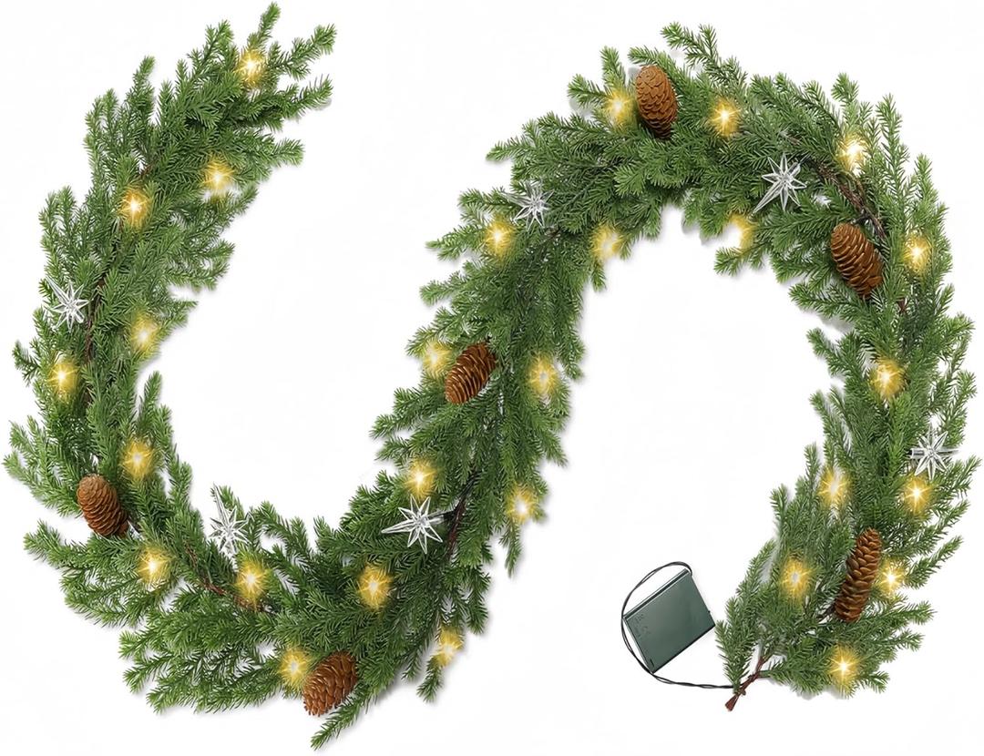 CENMORISE 6FT Lighted Chirstmas Pine Garland with 20 LEDs, Cypress Garlands Realistic Battery Operated with Pine Cones & Stars for Mantle Outdoor Indoor Xmas Decorations