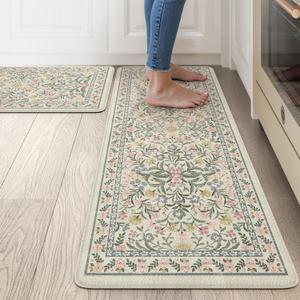 Collive Anti Fatigue Mat for Kitchen Floor, Spring Floral Kitchen Mats for Floor Set of 2, Beige Cushioned Waterproof Sink Rugs Non Slip Comfort Standing Rug for Office, Laundry, Desk (17.3"x47"+17.3"x29")