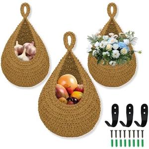 Hanging Fruit Basket for Kitchen, 3 Pack Wall Hanging Fruit Baskets with 3 Hooks, Boho Hanging Wall Basket, Hanging Kitchen Baskets for Fruits, Vegetables and Onion Storage, Caramel