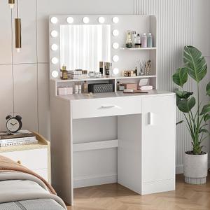 Vanity Desk with Mirror & Lights, White Makeup Desk with Drawers & Cabinet, 3 Lighting Modes & 10 Brightness, Vanity for Bedroom & Dressing Room