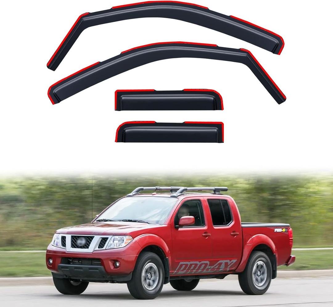 in-Channel Rain Guards for Nissan Frontier 2005-2021 & Suzuki Equator 2009-2012 Crew Cab, Window Visor Shields Vent Deflector Shade Wind Dark Smoke 2006 2007 2008 2010, Tape-On Inside-Mount, 4PCS